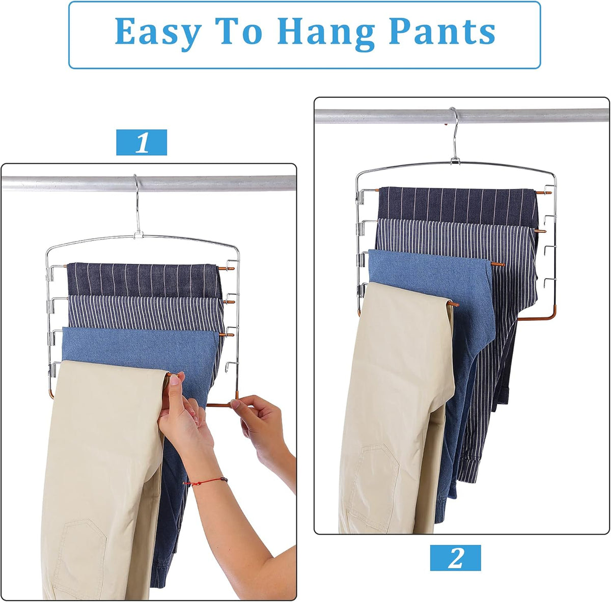 FeeraHozer Pants Hangers Non Slip 3 Pack Space Saving Hangers Multi-Layer Swing Arm Stainless Steel Space Saver Rack for Jeans Scarf Trouser Clothes (Gold)