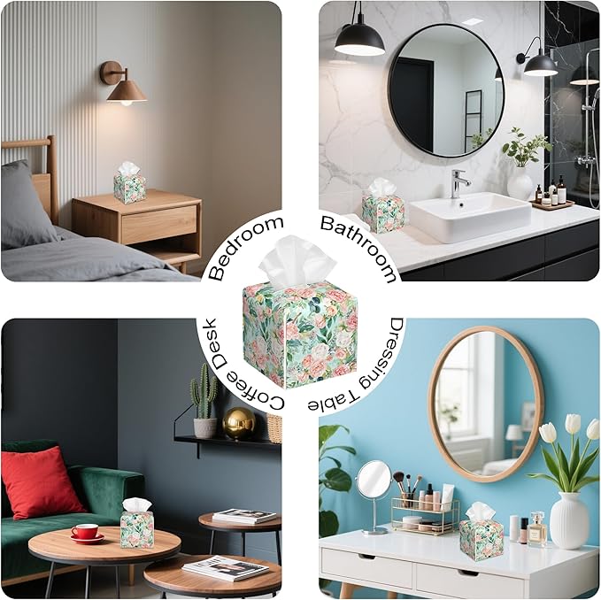 Watercolor Floral Tissue Box Cover Square,Flowers and Leaves Tissue Box Holder with Belt Bottom,Stylish Leather Napkin Holder for Vanity Countertop,Nightstands,Office Desk,5.2"×5.2"×5.2"