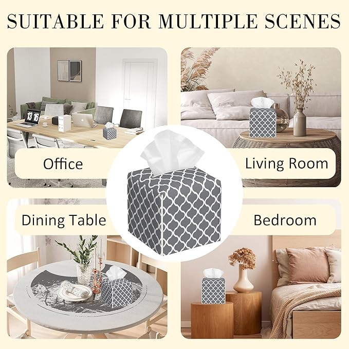 POIUBLE Tissue Box Holder Grey Quatrefoil Tissue Box Cover Square Leather Tissue Holder Organizer Portable Decorative Facial Paper Case for Home Office Bathroom Vanity Countertop