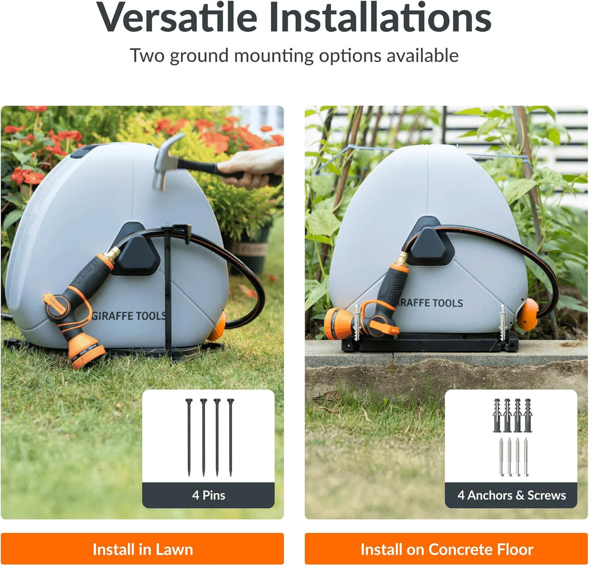 Giraffe Tools Heavy Duty Retractable Hose Reel, 5/8" x 92FT Automatic Rewind Garden Hose Reel with 360° Swivel Base, Ground Mounted for Lawn, Patio, Concrete Floor & Yard Watering