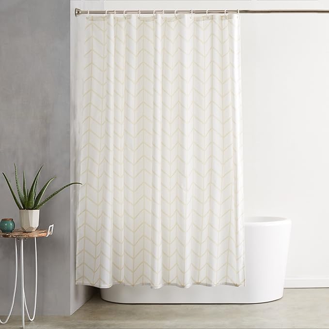 Amazon Basics Bathroom Shower Curtain, Water Resistant Fabric with Grommets & Hooks, Machine Washable, 72"x72", Natural Herringbone
