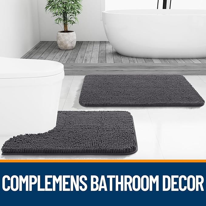 OLANLY Bathroom Rugs 24x16, Extra Soft Absorbent Chenille Bath Rugs, Rubber Backing Quick Dry, Machine Washable Bath Mats for Bathroom Floor, Tub and Shower, Home Decor Accessories, Dark Grey