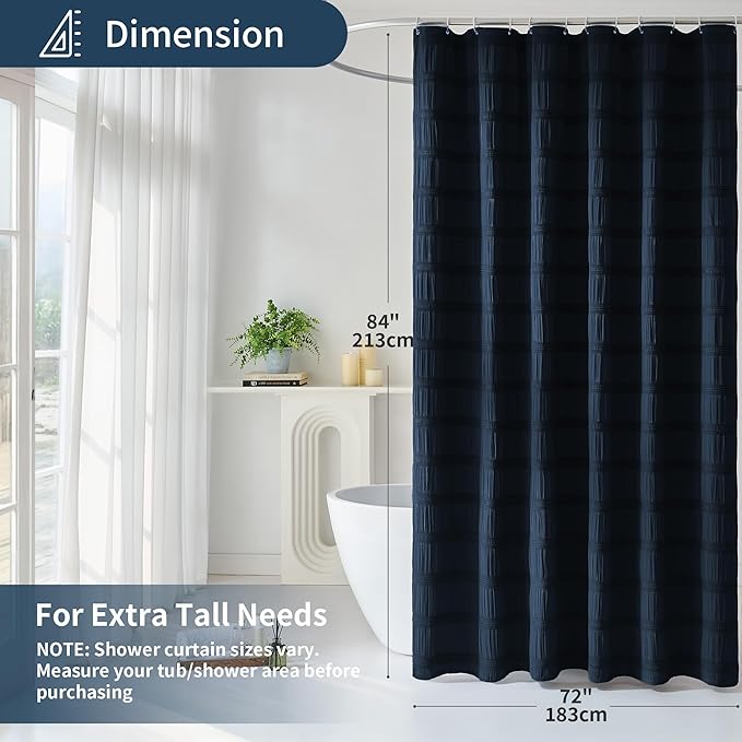 Lameirose Extra Long Navy Blue Shower Curtain Farmhouse,72 x 84 Cotton Blend Waffle Tufted Striped Chic Textured Fabric Shower Curtain for Bathroom, Hotel