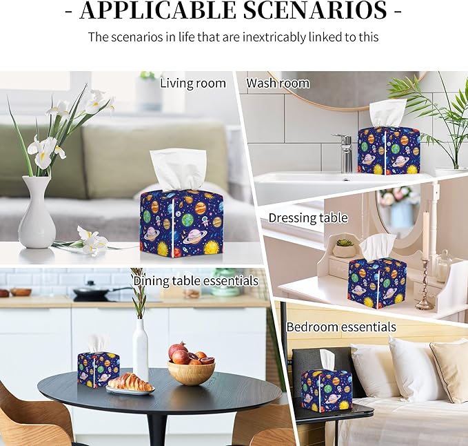 POIUBLE Leather Tissue Box Holder Solar System Universe Planet Tissue Box Cover Square Waterproof Tissue Holder Organizer Modern Napkin Holder for Bedroom Dresser Night Stand Office Desk