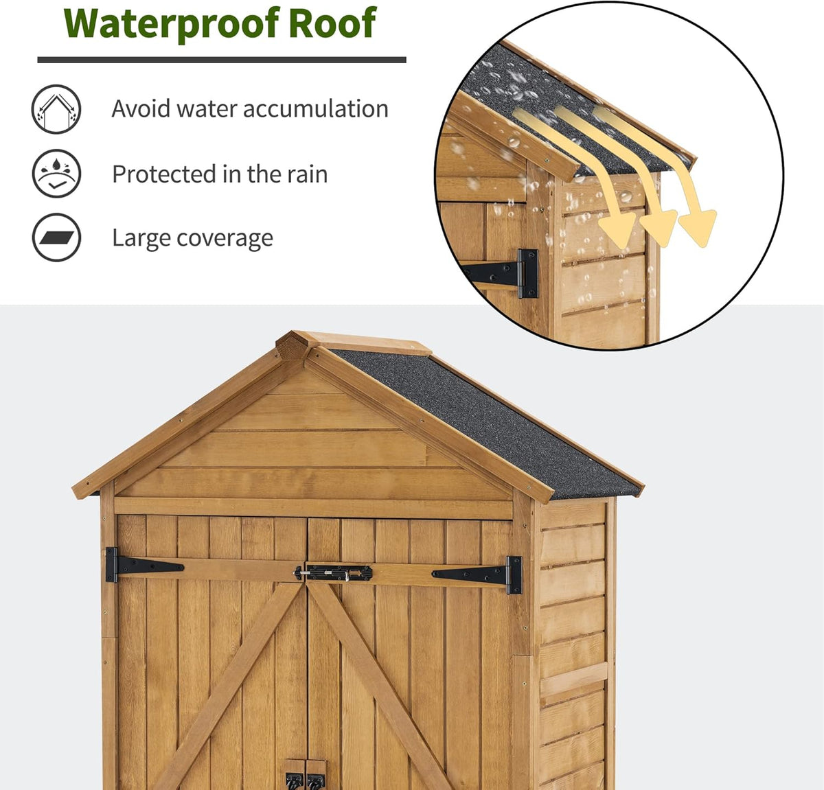 MCombo Outdoor Storage Cabinet with 2 Shelves, Outside Storage Shed with Floor, Wooden Garden Tool Shed with Latch for Yard Deck Lawn, 1000