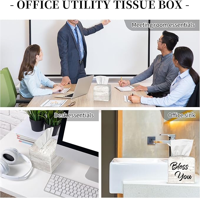 Bless You Tissue Box Cover Square, Wooden Board Texture Tissue Box Holder Waterproof Leather Facial Paper Organizer Dispenser for Bathroom Home Car Nightstand Vanity Desk