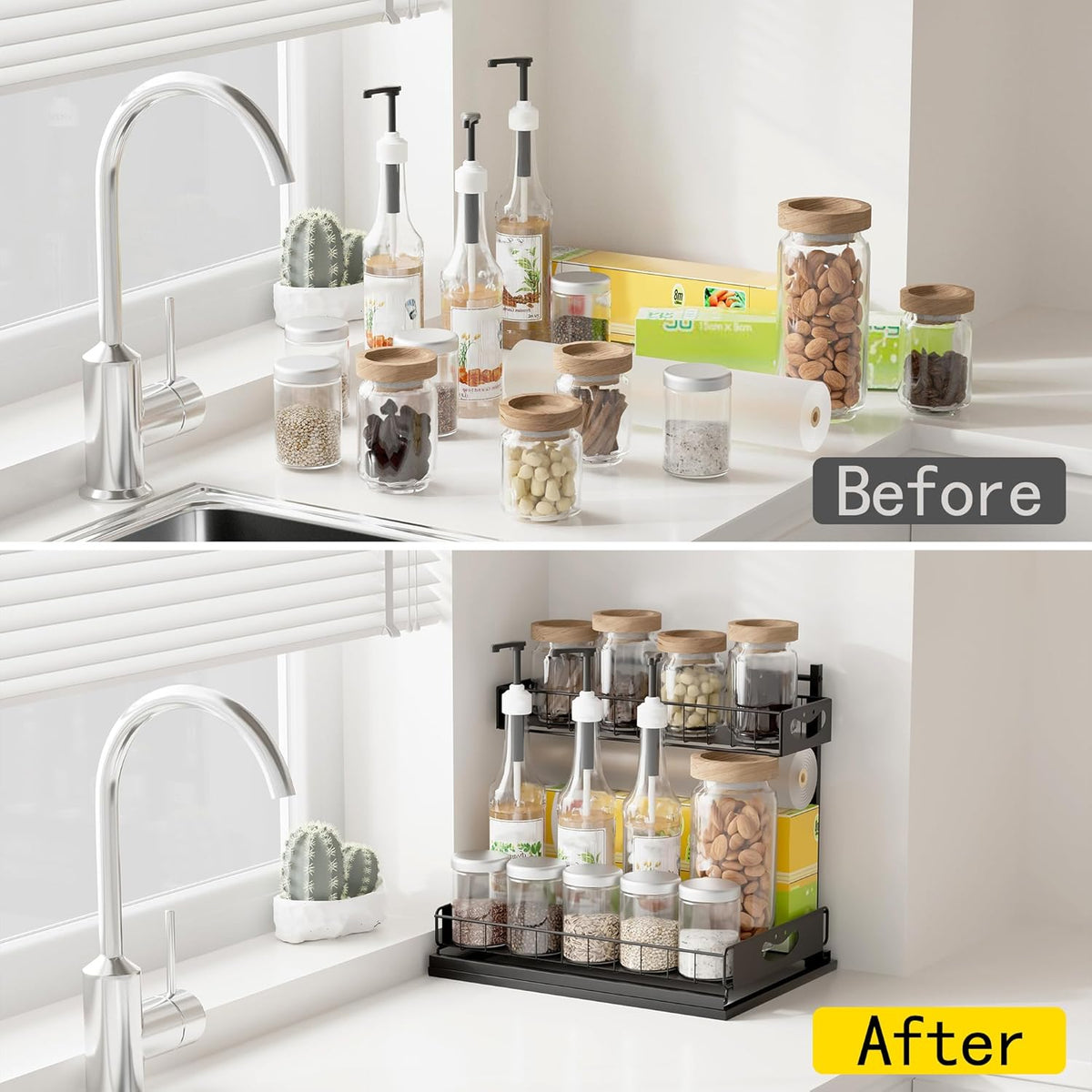 Under Sink Organizer with Pull-Out Drawers,Kitchen Sink Organizer,2 Tier Bathroom Organizers And Storage,Bathroom Accessories Set,Black 2 Pack