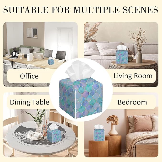 POIUBLE Tissue Box Holder Teal and Purple Moroccan Quatrefoil Tissue Box Cover Square Leather Tissue Holder Organizer Portable Decorative Facial Paper Case for Home Office Bathroom Vanity Countertop