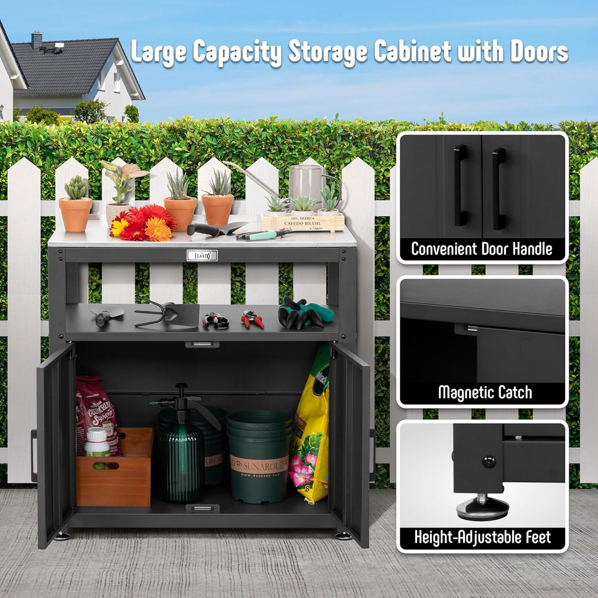 Garden Potting Bench with Storage Cabinet, Outdoor Gardening Table & Work Bench for Plants, Horticulture, Outdoor Workstation with Stainless Steel Tabletop, Outdoor Work Table