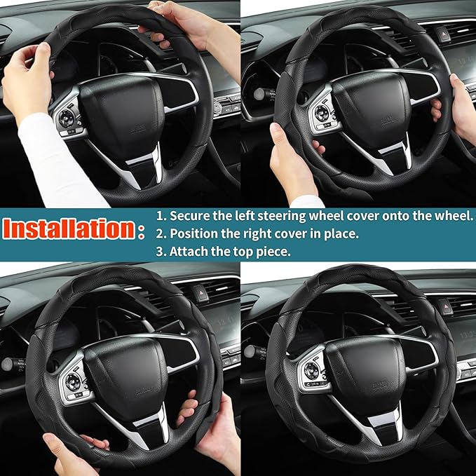 West Llama 3PCS Leather Car Steering Wheel Cover,Snap On Steering Wheel Protector Universal 99% Cars(3PCS-Black)
