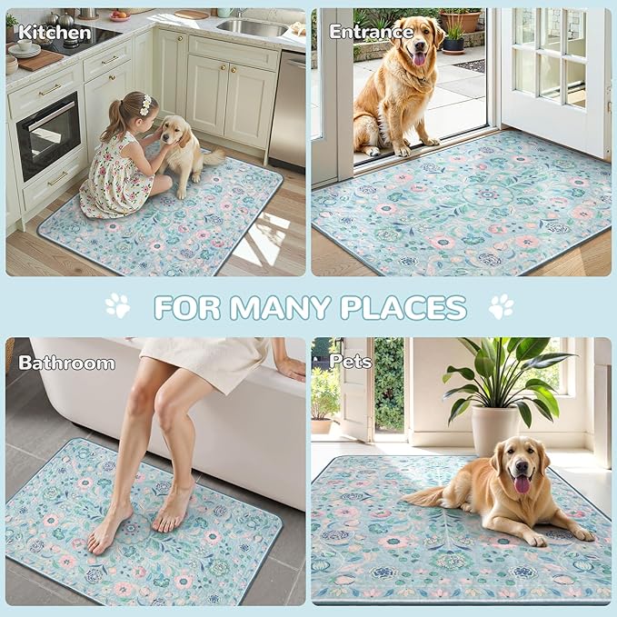 Lahome Washable Reusable Pee Pads for Dogs - Blue Botanical Floral 2 Pack Puppy Pads, Super Absorbent & Waterproof Dog Training Mats for Potty & Crate - Leakproof with Non-Slip Backing (24"x24")