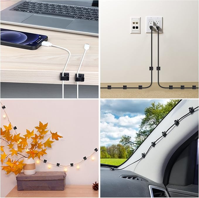 100 PCS Adhesive Cable Clips (Large, White&Black), Upgraded Wall Wire Holder Cord Organizer for Cable Management Under Desk, Light Clips Hooks for LED, HDMI, Eetension Cord, Powder Cable