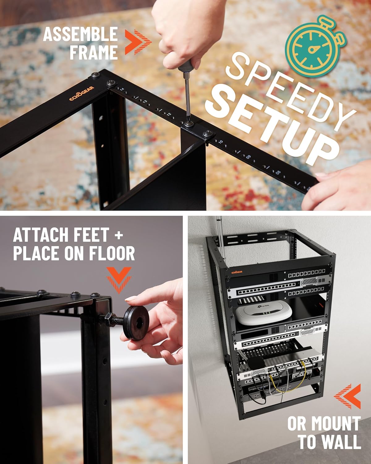 ECHOGEAR 20U Open Frame Rack for Servers & AV Gear - Wall Mountable Design Includes 2X Vented Shelves, 25x Rack Mounting Screws, 4X Leveling Feet, 4X Shelf Stops, & 2X Securement Straps