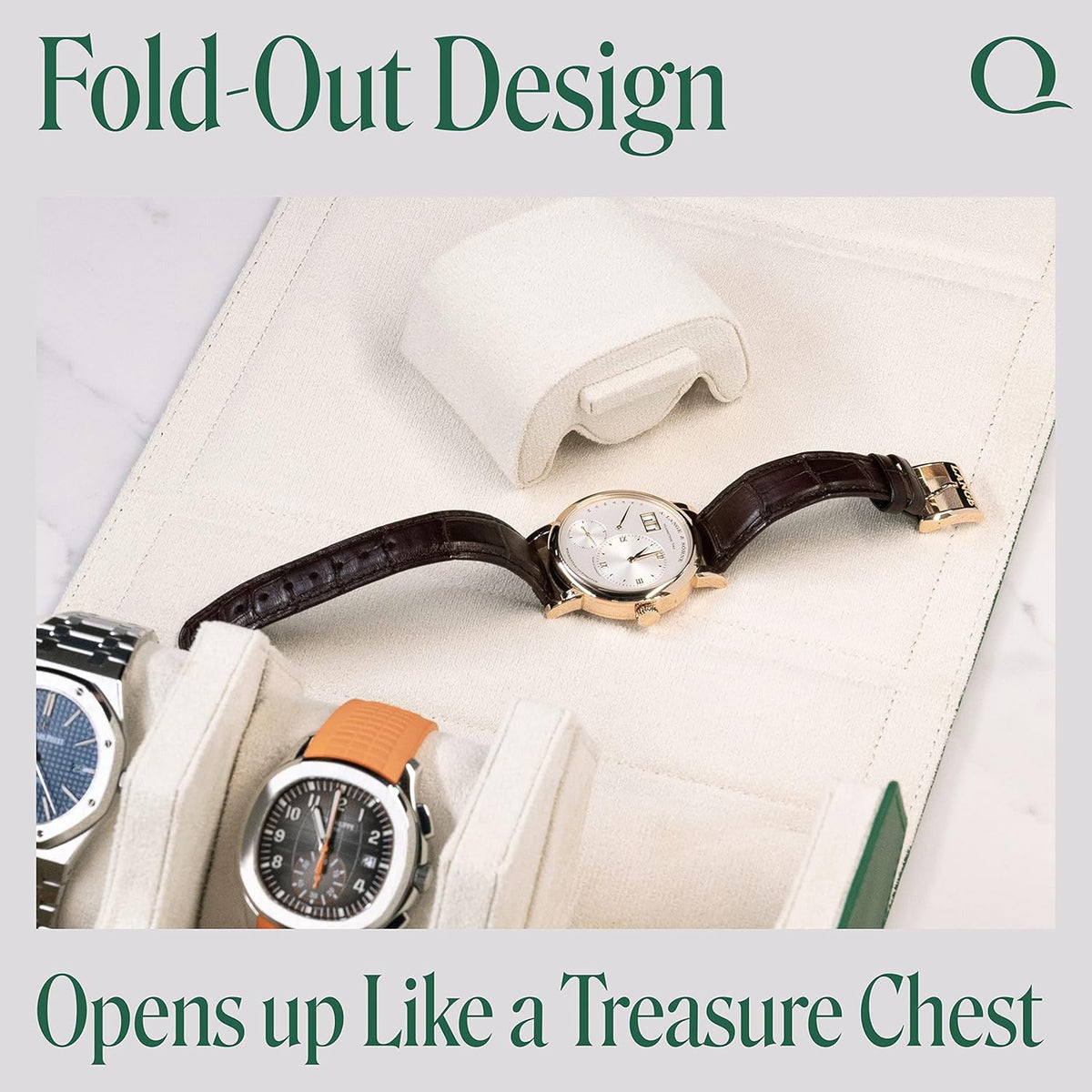 QWATCHBANDS Napa Leather Watch Case for Men - Watch Roll Storage Organizer & Watch Display - Six Slot Luxury Watch Box for Home or Travel - Mens 6 Watch Holder Case (Green Cream)