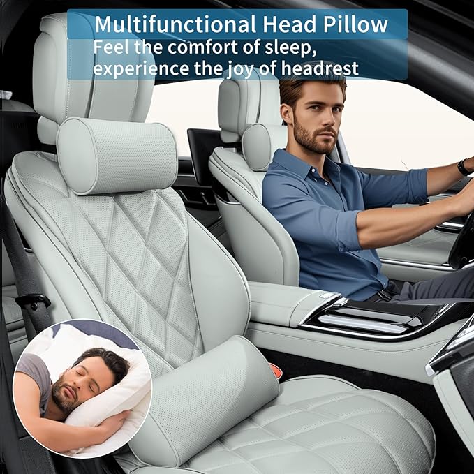Car Headrest Pillow for Driving - Luxury Leather 100% Memory Foam, Ergonomic Neck Support - Universal Fit Head Rest Travel Pillow for Most Cars, Home & Office, Gray, 1 Pack