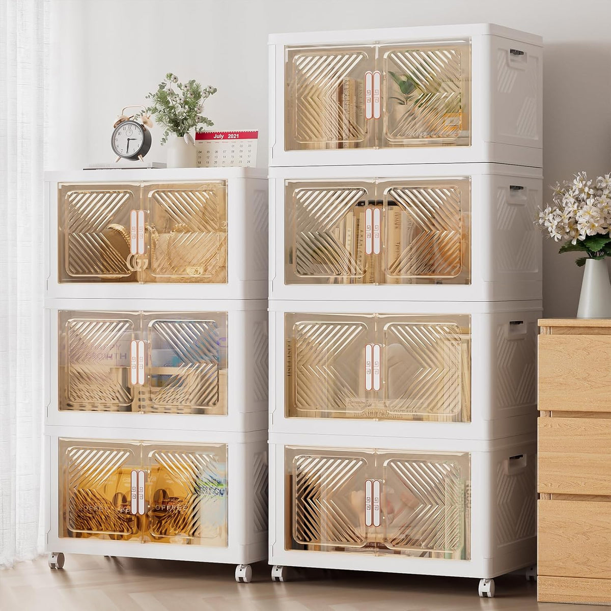 Storage Bins with Lid 76QT, Stackable Storage Containers with Wheels and Magnetic Doors, Plastic Clothes Closet Organizers and Storage Box for Home and Office(2 Pack)