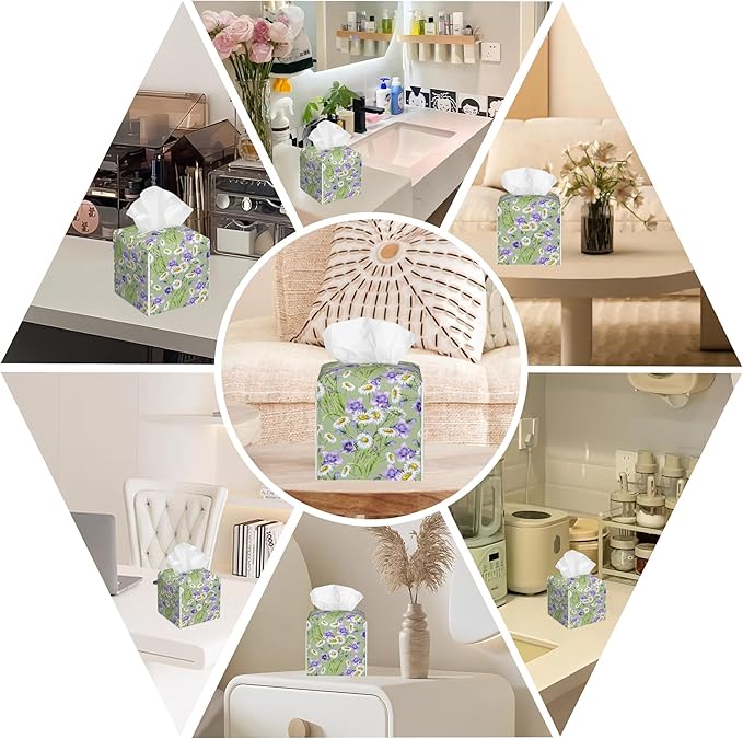 BLYKVGHQ Square Tissue Box Cover Chamomiles and Bell Flowers Tissue Box Holder Facial Cube Paper Dispenser Leather Decorative Organizer Home Office Desk Decor, 5.2"x5.2"x5.2"