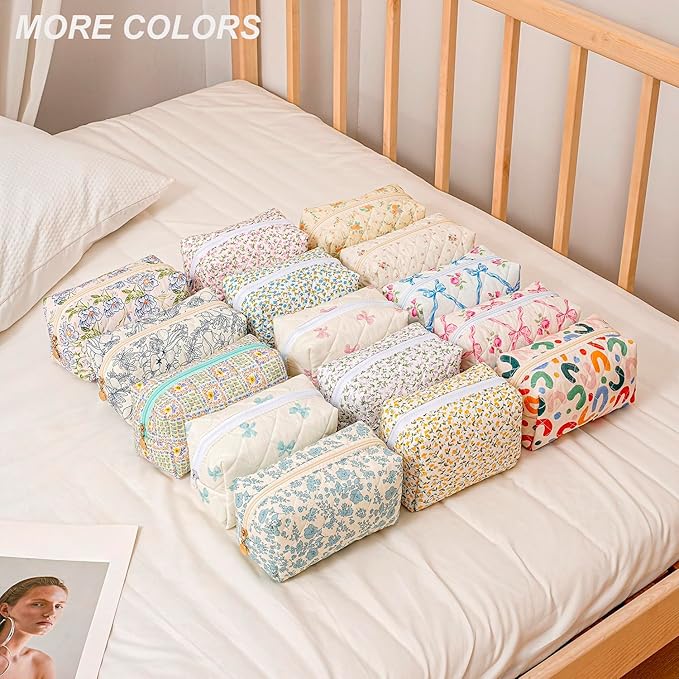 Gleyemor Small Quilted Makeup Bag for Women, Cute Floral Bow Cosmetic Bag, Emergency Bag Travel Toiletry Cotton Pouch Gifts for Girls Her Mom Friend Sister Bridesmaid (Red Small Flower)