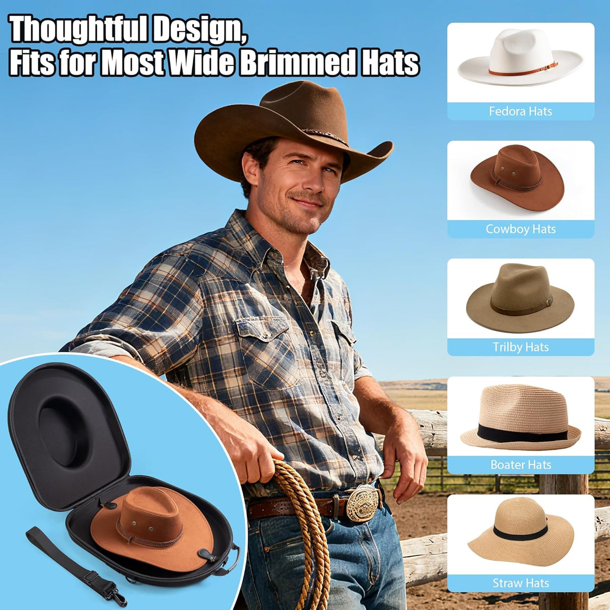 Cowboy Hat Case for Travel, Crushproof Box for Panama & Tweed, Hat Carrier with Adjustable Strap, Fedora Hat Storage For Travel Outdoors and Home(Upgrade Large) (Black)