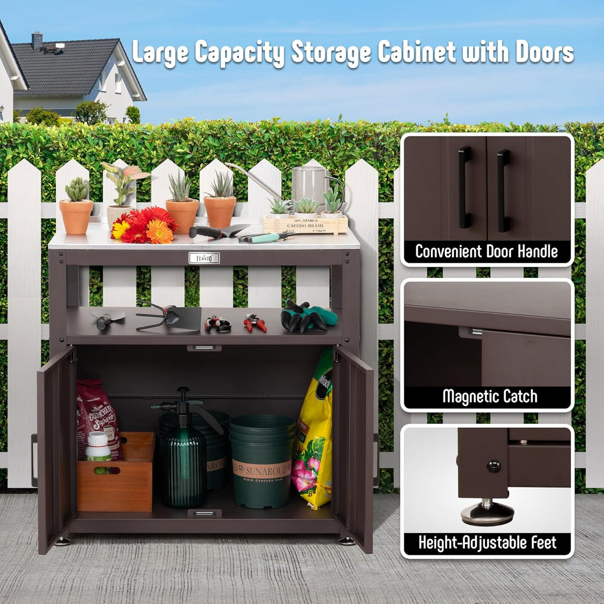 Garden Potting Bench with Storage Cabinet, Outdoor Gardening Table & Work Bench for Plants, Horticulture, Outdoor Workstation with Stainless Steel Tabletop, Outdoor Work Table