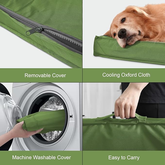 Tail Stories Outdoor Large Washable Dog Bed, Orthopedic Egg Crate Foam Dog Crate Mat for Large Dogs with Removable Oxford Cooling Cover, Light Green