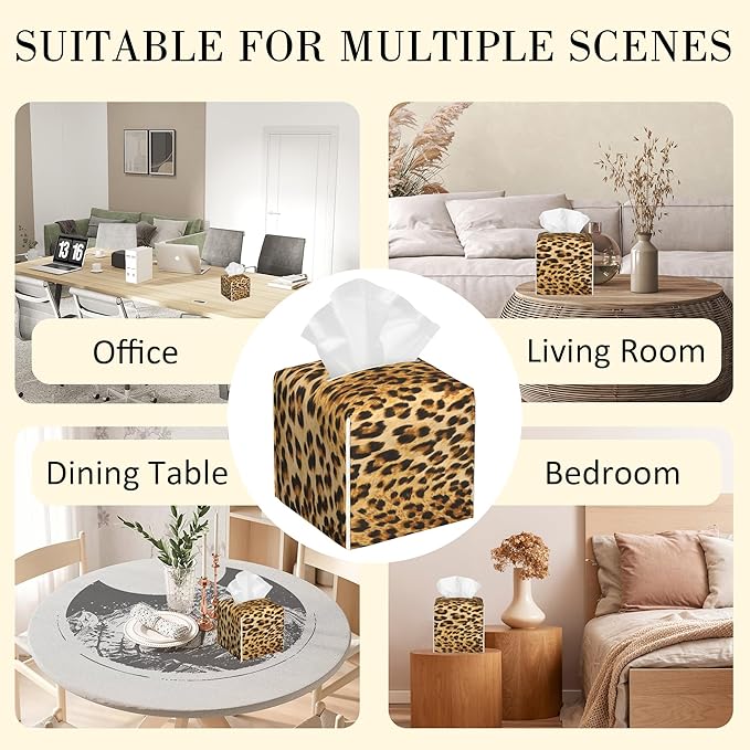 POIUBLE Tissue Box Holder Leopard Cheetah Animal Skin Tissue Box Cover Square Leather Tissue Holder Organizer Portable Decorative Facial Paper Case for Home Office Bathroom Vanity Countertop