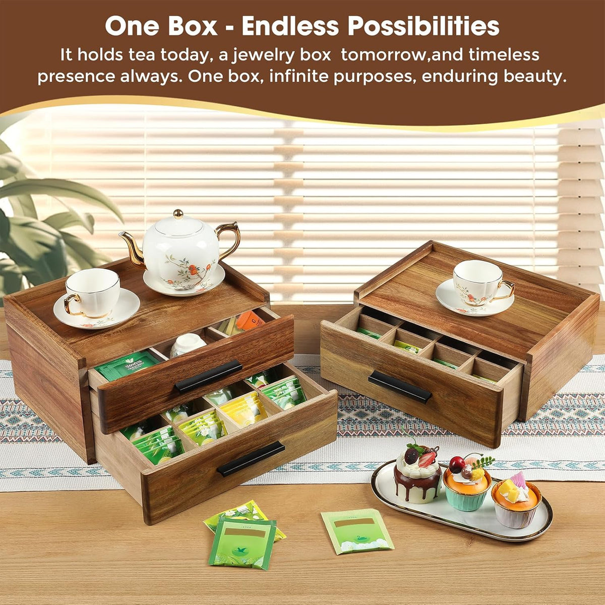 Acacia Wood Tea Bag Organizer with Gift Box, Double-Drawer Tea Box - Tea Accessories for Tea Organizer and Storage Box, Tea Station Chest Caddy for Countertop Cabinet Office(21-Compartment)