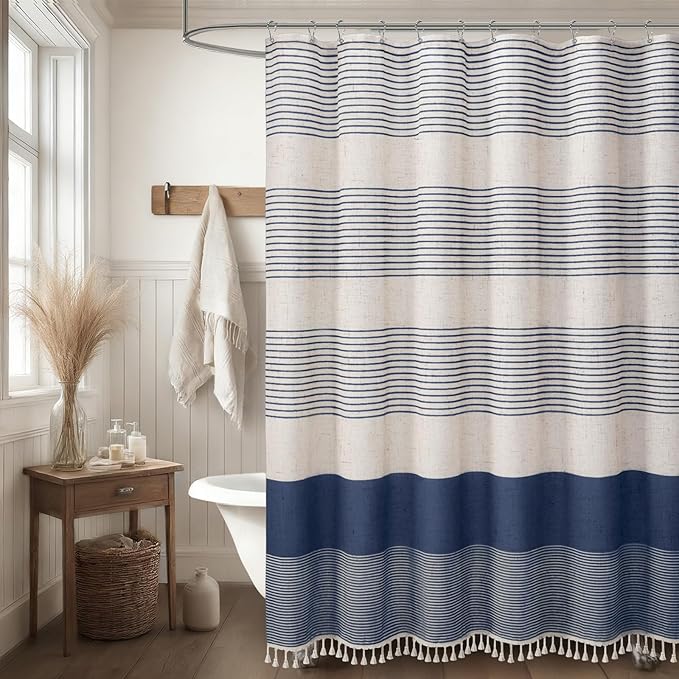 XOGUIBO Navy Blue Shower Curtain Linen Coastal Ocean Striped Shower Curtains for Bathroom with Tassel 72 X 84