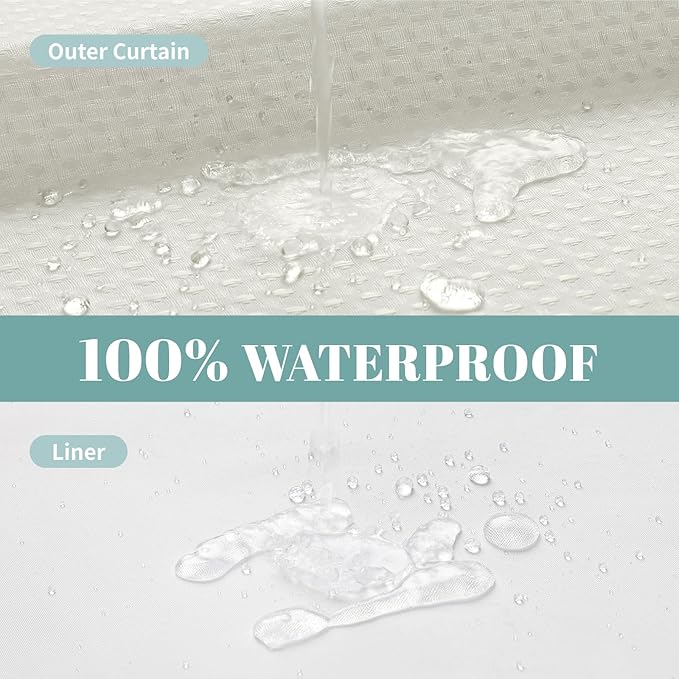 eachope Stall Cream No Hook Waffle Weave Shower Curtain with snap-in Liner Replacement, 230GSM Waterproof Fabric Hotel Shower Curtain Set for Bathroom, Through Mesh Top Window,54Wx80H