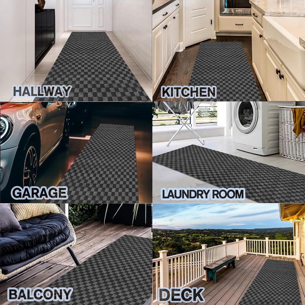 Custom Size Backed Non-Slip Area Rugs Runner, Easy Clean, Waterproof Runner Rugs for Hallway Entryway, Kitchen, Laundry, 4FT x 74FT, Gray Checkered