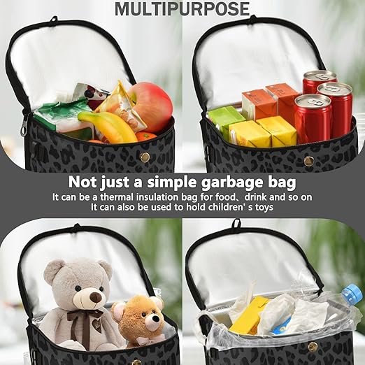 Black Leopard Car Trash Can African Animal Skin Print Car Garbage Bag with Lid Hanging Waterproof Leak Proof Vehicle Storage Bin