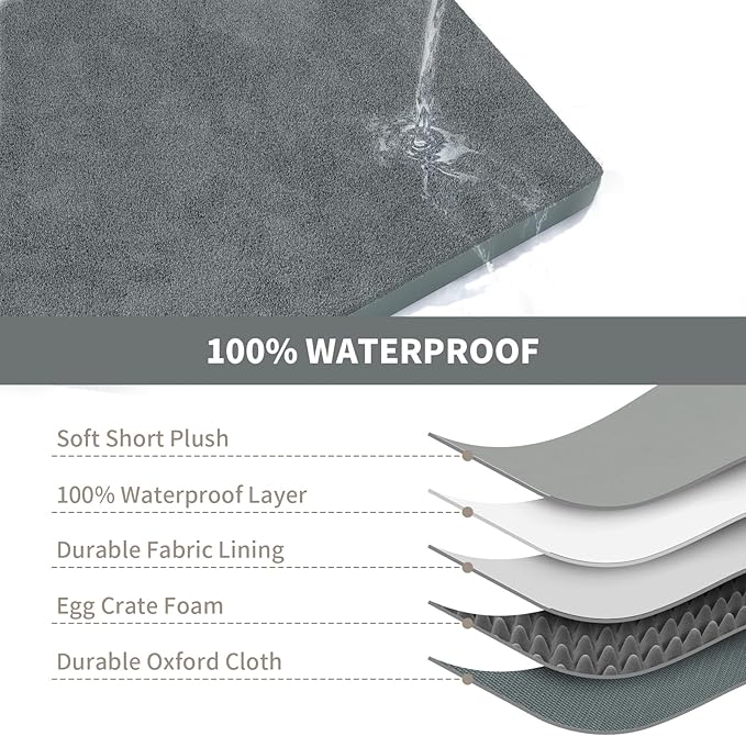 Tail Stories Plush Dog Bed for Medium Dogs, Waterproof Dog Crate Mat Orthopedic Egg Crate Foam Pet Bed with Washable Removable Oxford Cover, Gray