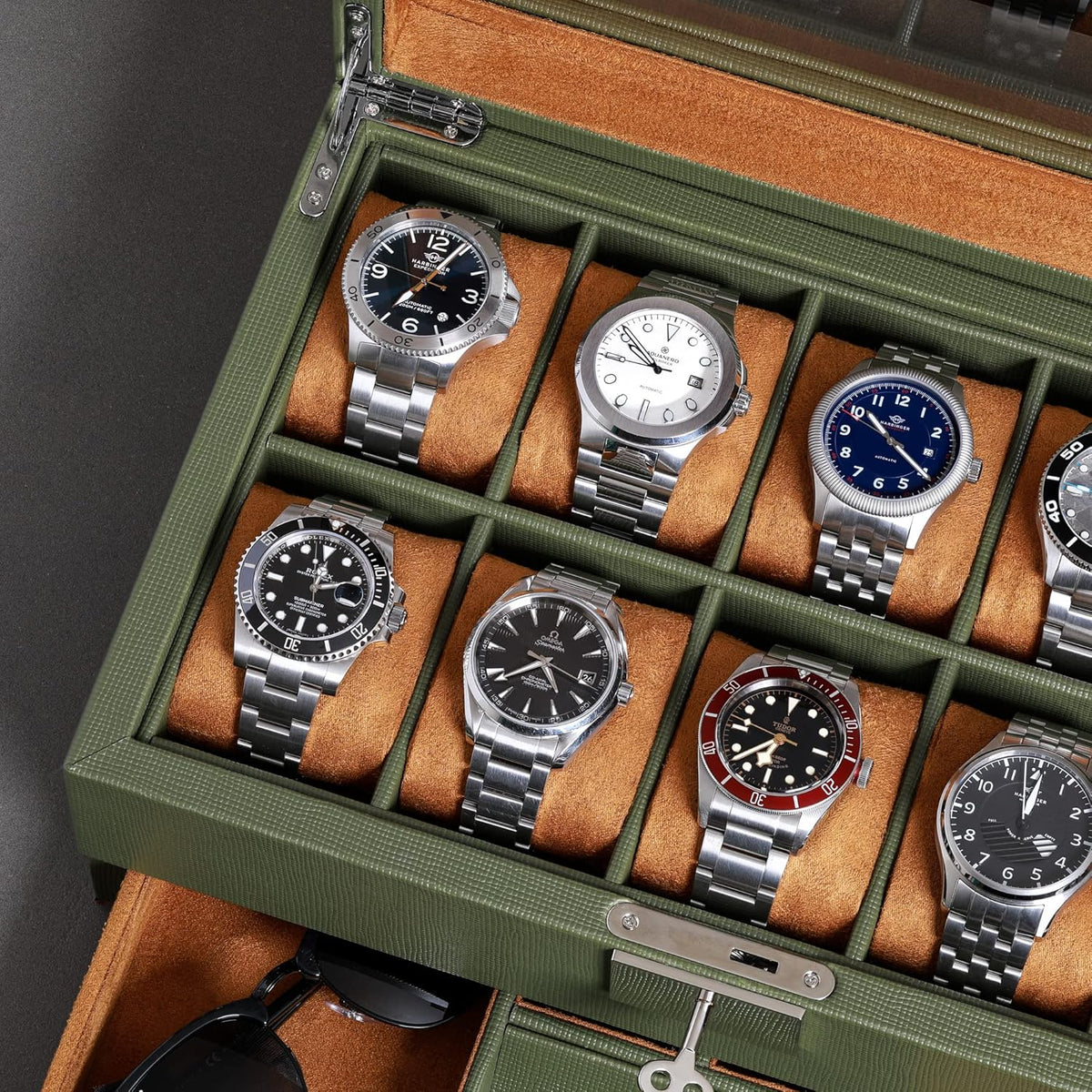 ROTHWELL 10-Slot Watch Box in Leather with Valet Drawer, Luxury Watch Case Display Organizer with Ultra Soft Microsuede Liner, Jewelry and Sunglass Holder With Large Glass top (Green/Tan)