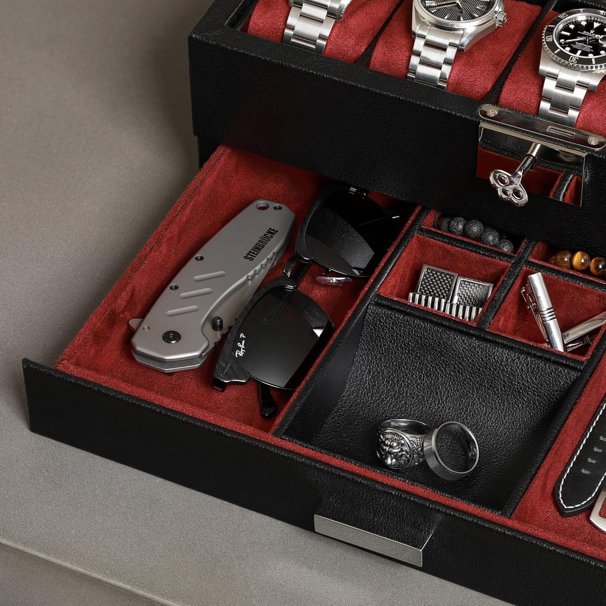 ROTHWELL 10-Slot Watch Box in Leather with Valet Drawer, Luxury Watch Case Display Organizer with Ultra Soft Microsuede Liner, Jewelry and Sunglass Holder With Large Glass top (Black/Red)