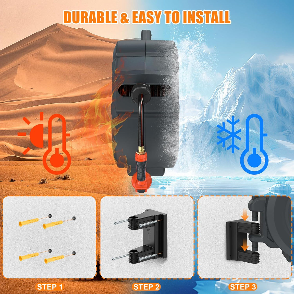 NEOTEC Retractable Garden Hose Reel 1/2 inch x 150ft - Wall Mounted Heavy Duty Hose Reel with 3/4 Inch Brass Fittings & 9-Pattern Nozzle - Auto Rewind System, Any Length Lock, 180° Swivel Bracket