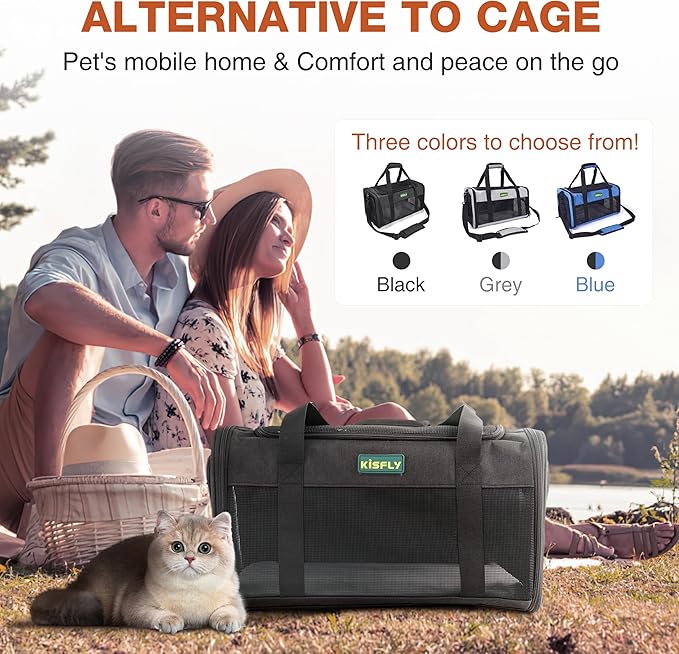 Airline Approved Cat and Small Dog Carrier 17"x11"x9.5"– Soft-Sided, Foldable Under-Seat Travel Bag for Pets up to 12 lbs, Top-Loading, Scratch-Resistant Mesh, Black