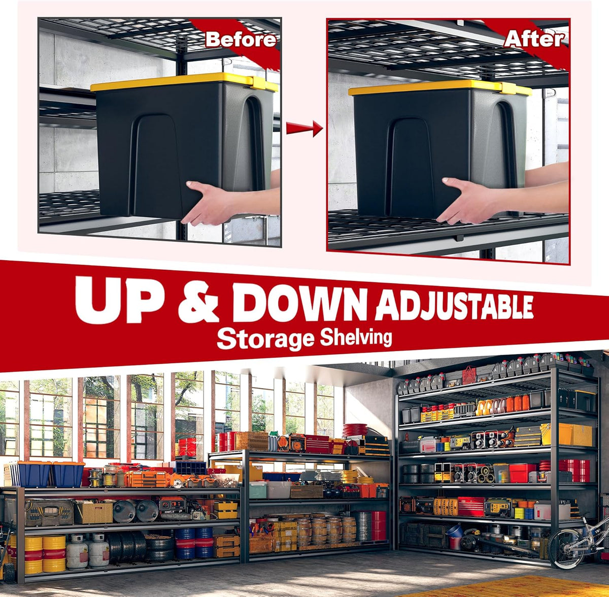 REIBII 60" W Garage Shelving, 2900LBS Storage Shelves, 6 Tier Heavy Duty Shelving, Adjustable Metal Shelving Units and Storage Rack for Warehouse, Pantry, Basement, 60" W x 84" Hx 24" D, 4 Pack