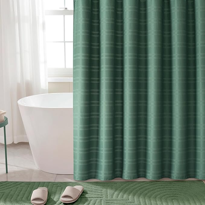 TURKIO 54inch Wide Narrow Dark Green Shower Curtain Waffle Weave Shower Curtain Striped Fabric Shower Curtains for Bathroom, Green Bathroom Decor, (54Wx72H, Dark Green)