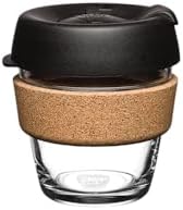 KeepCup Brew Cork, Reusable Glass Tumbler with Natural Cork, Espresso Coffee Cup 6oz / 227ml - Black