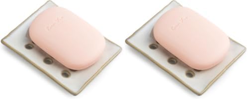 Soap Dish with Self Drain, Bar Soap Holder for Bathroom and Kitchen Sink, Rectangular Soap Dishes for Shower Ceramic Soap Saver, Japanese Soap Tray, White (Pack of 2)