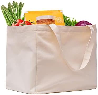 Canvas Reusable Grocery Bags Heavy Duty, 8.3 gal Foldable Large Tote Bag with Handles, Holds 60 lbs & Washable Eco-friendly Bags with 5 Pockets, Off white 1 Bags