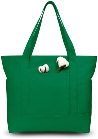 TOPDesign 3-Pack Canvas Tote Bags with an External Pocket, Reusable Grocery Shopping Bags, Top Zipper Closure, Daily Essentials (Green)