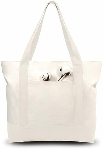 TOPDesign 6-Pack Canvas Tote Bags with an External Pocket, Reusable Grocery Shopping Bags, Top Zipper Closure, Daily Essentials (Natural)