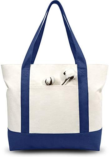 TOPDesign 1-Pack Canvas Tote Bag with an External Pocket, Reusable Grocery Shopping Bag, Top Zipper Closure, Daily Essentials (Blue/Natural)