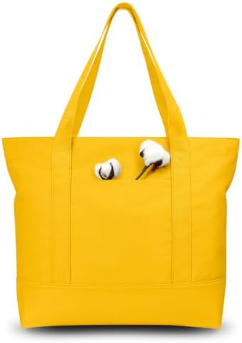 TOPDesign 3-Pack Canvas Tote Bags with an External Pocket, Reusable Grocery Shopping Bags, Top Zipper Closure, Daily Essentials (Yellow)