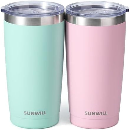 SUNWILL Travel Coffee Mug with Lid, 20 oz Tumbler Set of 2, Insulated Stainless Steel Cup for Water, Tea, Powder Coated Sakura & Mint