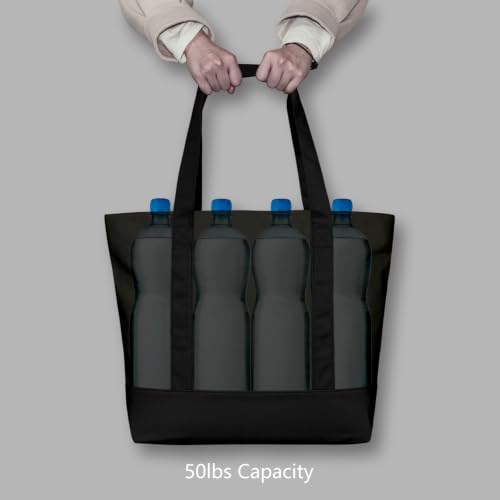 TOPDesign 6-Pack Canvas Tote Bags with an External Pocket, Reusable Grocery Shopping Bags, Top Zipper Closure, Daily Essentials (Black)