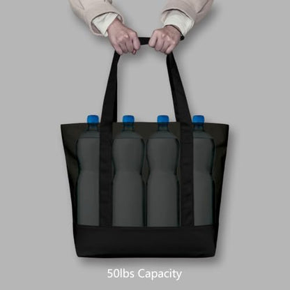 TOPDesign 6-Pack Canvas Tote Bags with an External Pocket, Reusable Grocery Shopping Bags, Top Zipper Closure, Daily Essentials (Black)
