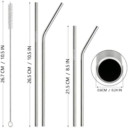 12 Pack Reusable Stainless Steel Metal Drinking Straws: 3 Bent + 3 Straight 8.5 in and 3 Bent + 3 Straight 10.5 in, Includes 2 Cleaning Brushes, Fits 20-30 oz Tumblers, Dishwasher Safe