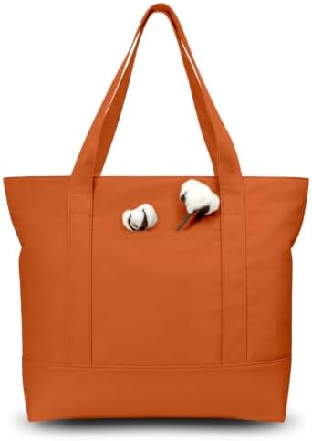 TOPDesign 3-Pack Canvas Tote Bags with an External Pocket, Reusable Grocery Shopping Bags, Top Zipper Closure, Daily Essentials (Orange)